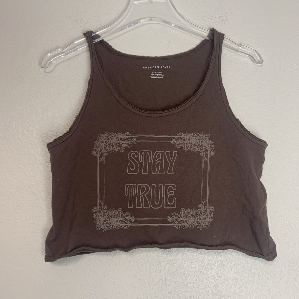 American Eagle Tank Top Women XS Cropped Stay True Graphic Print BOho Distressed